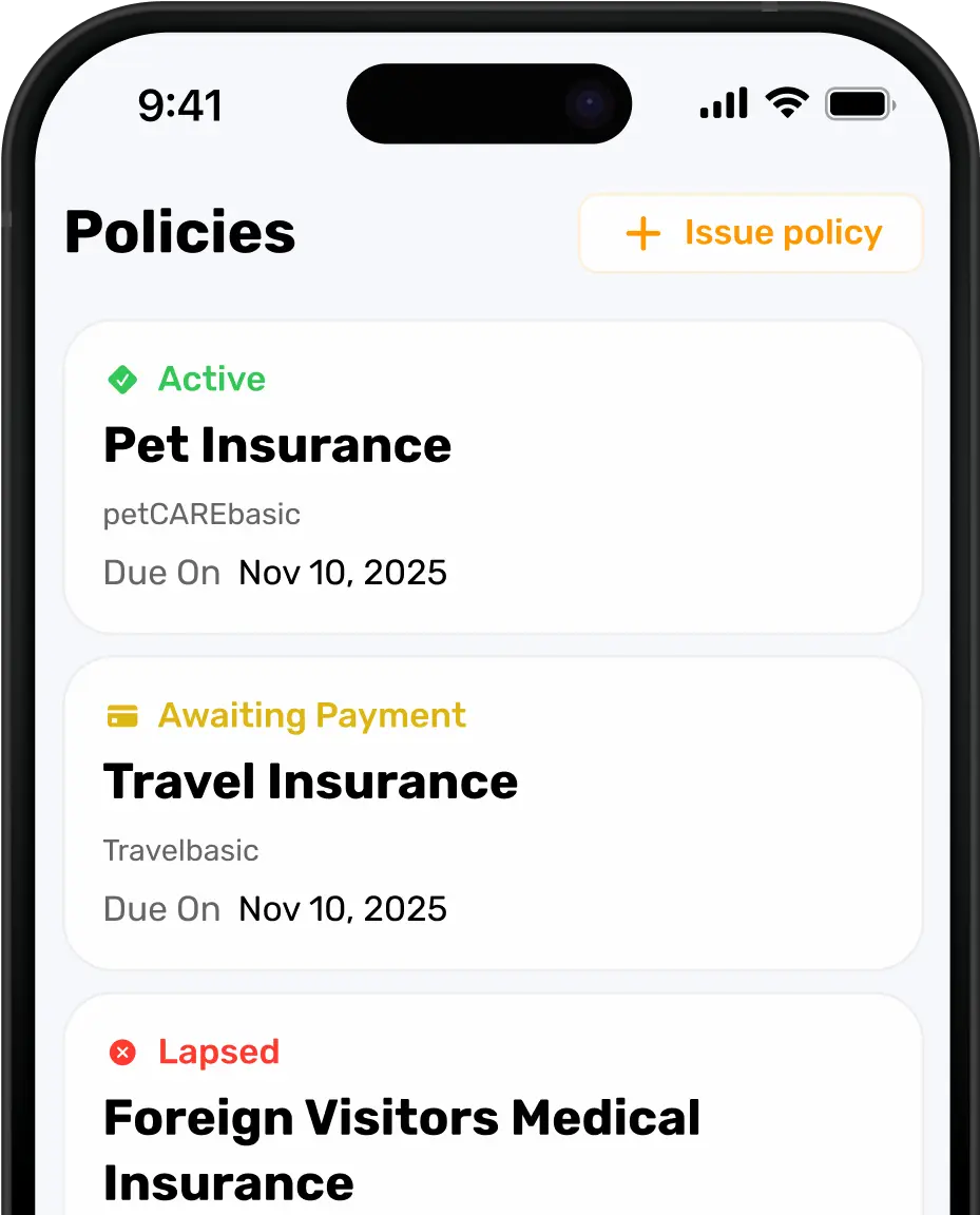 Insurance Management - Screenshot of overview of active policies