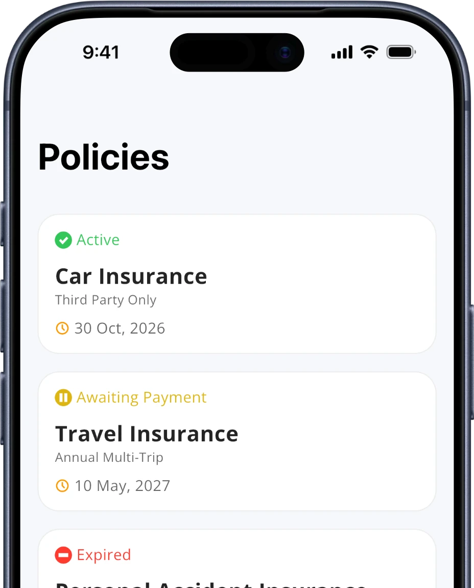 Insurance Management - Screenshot of overview of active policies